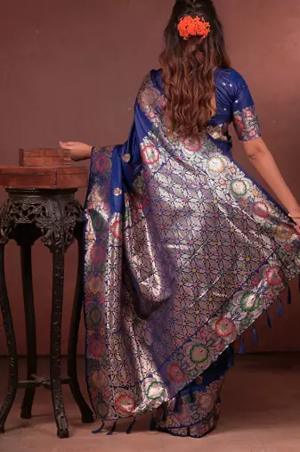 blue floral, zari woven faux kanjivaram saree with blouse