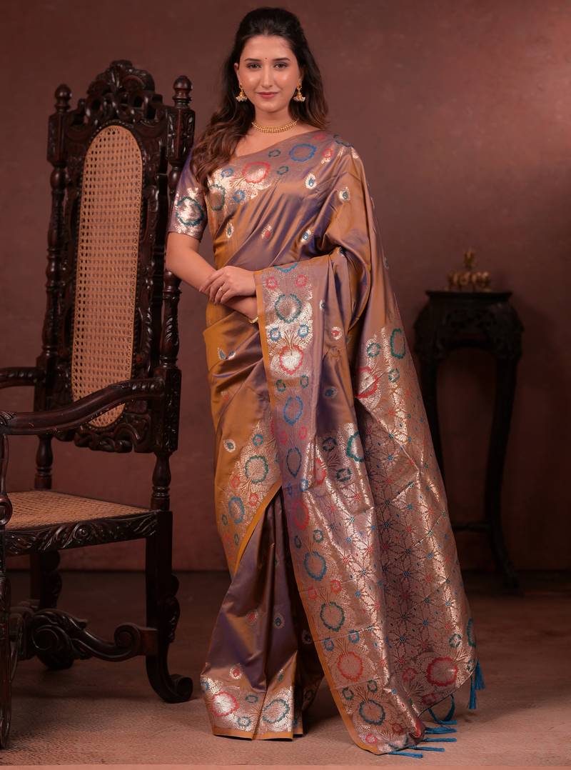 brown floral, zari woven faux kanjivaram saree with blouse