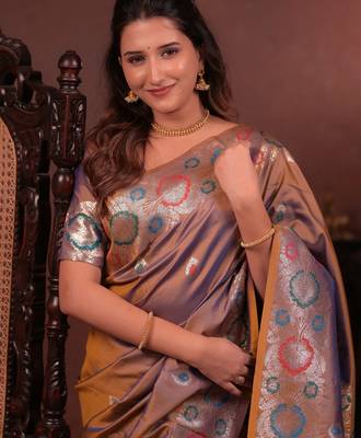 brown floral, zari woven faux kanjivaram saree with blouse 2
