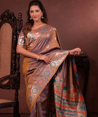 brown floral, zari woven faux kanjivaram saree with blouse 3