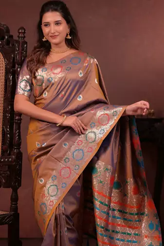brown floral, zari woven faux kanjivaram saree with blouse