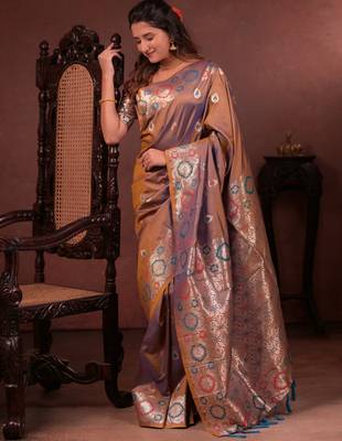 brown floral, zari woven faux kanjivaram saree with blouse 4
