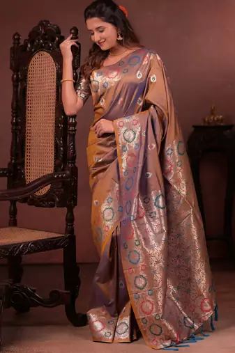 brown floral, zari woven faux kanjivaram saree with blouse