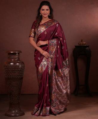 maroon floral, zari woven faux kanjivaram saree with blouse 1