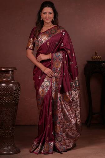 maroon floral, zari woven faux kanjivaram saree with blouse