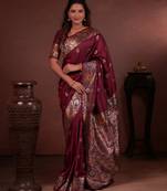maroon floral, zari woven faux kanjivaram saree with blouse