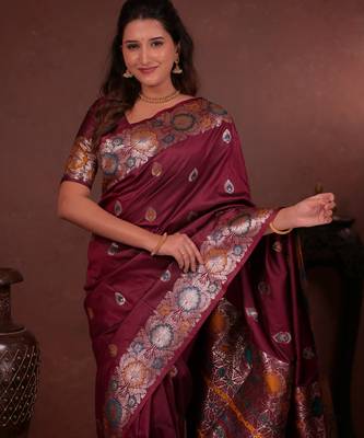 maroon floral, zari woven faux kanjivaram saree with blouse 2