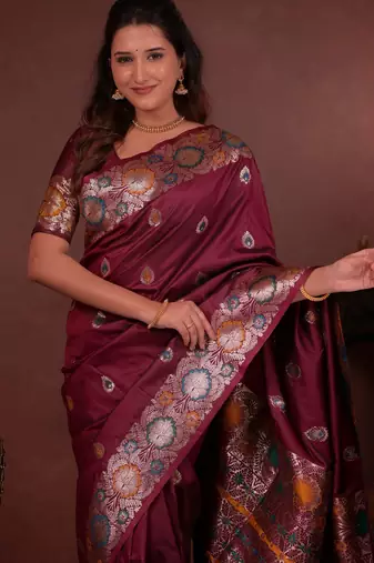 maroon floral, zari woven faux kanjivaram saree with blouse