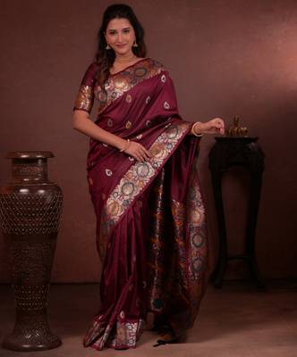 maroon floral, zari woven faux kanjivaram saree with blouse 3