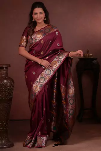 maroon floral, zari woven faux kanjivaram saree with blouse