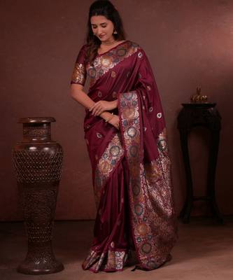 maroon floral, zari woven faux kanjivaram saree with blouse 4