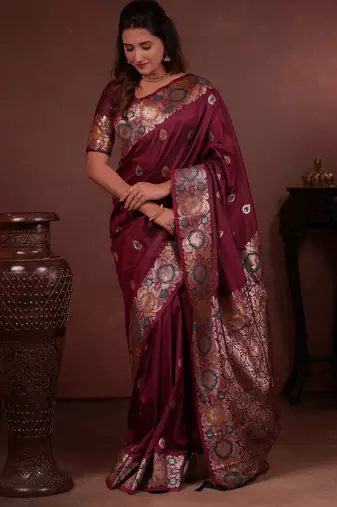 maroon floral, zari woven faux kanjivaram saree with blouse