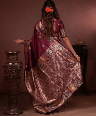 maroon floral, zari woven faux kanjivaram saree with blouse 5