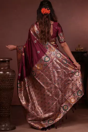 maroon floral, zari woven faux kanjivaram saree with blouse