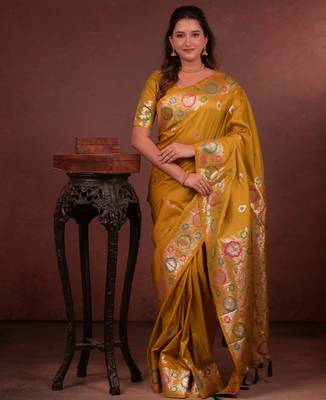 mustard floral, zari woven faux kanjivaram saree with blouse 1