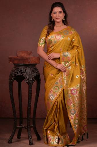 mustard floral, zari woven faux kanjivaram saree with blouse