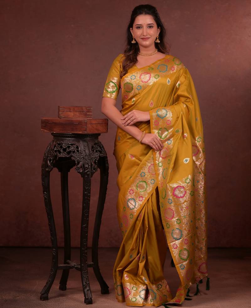 mustard floral, zari woven faux kanjivaram saree with blouse