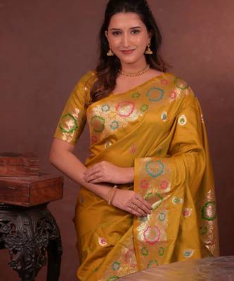 mustard floral, zari woven faux kanjivaram saree with blouse 2