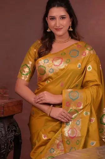 mustard floral, zari woven faux kanjivaram saree with blouse