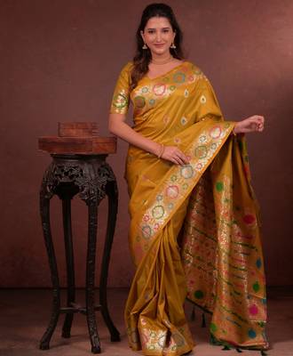 mustard floral, zari woven faux kanjivaram saree with blouse 3