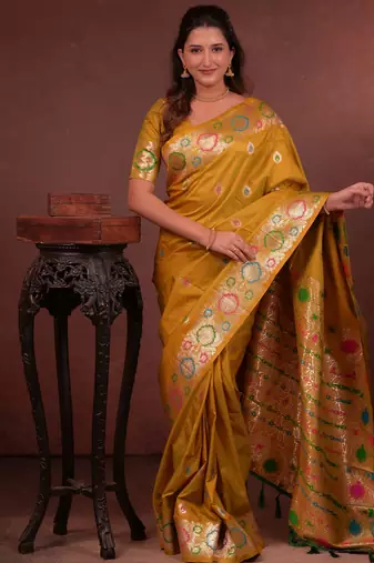 mustard floral, zari woven faux kanjivaram saree with blouse