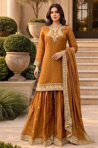 Beige chnaderi silk thread with sequence designer plazzo suit
