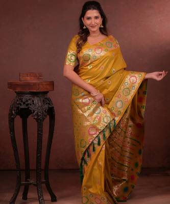 mustard floral, zari woven faux kanjivaram saree with blouse 4