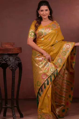 mustard floral, zari woven faux kanjivaram saree with blouse