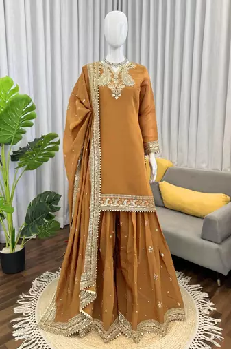 Beige chnaderi silk thread with sequin palazzo suit