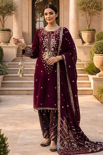 Wine roman silk thread sequence salwar suit