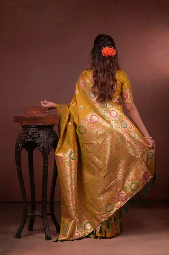 mustard floral, zari woven faux kanjivaram saree with blouse