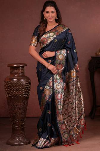 navy blue floral, zari woven faux kanjivaram saree with blouse