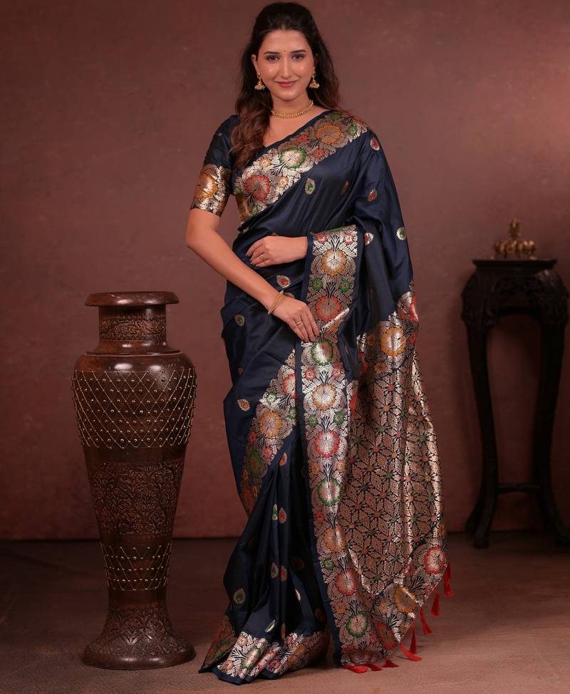 navy blue floral, zari woven faux kanjivaram saree with blouse