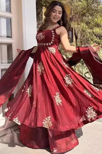 Maroon fendy silk thread sequin palazzo suit