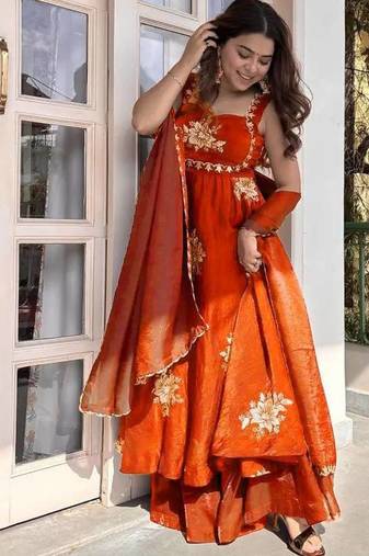Orange fendy silk thread sequence plazzo suit