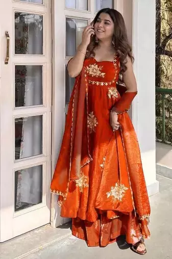 Orange fendy silk thread sequin plazzo suit