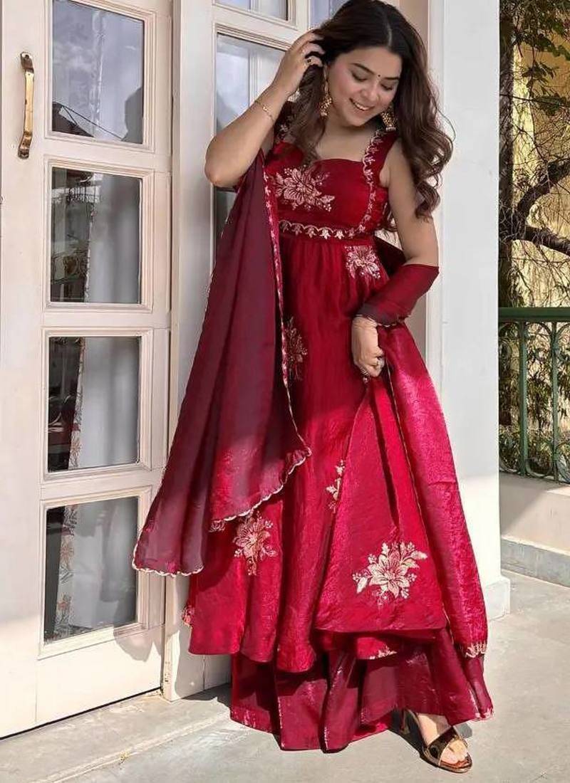 Pink fendy silk thread sequence plazzo suit