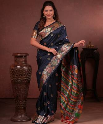 navy blue floral, zari woven faux kanjivaram saree with blouse 3