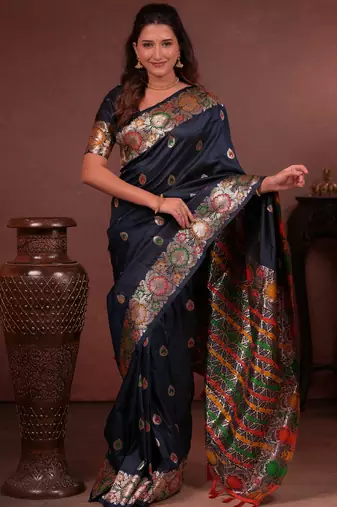 navy blue floral, zari woven faux kanjivaram saree with blouse