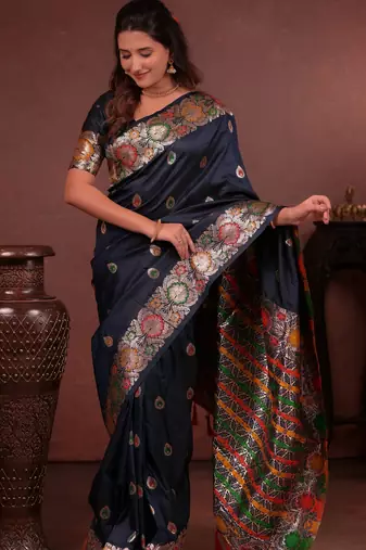 navy blue floral, zari woven faux kanjivaram saree with blouse