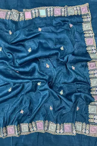 blue color Embroidery and Cuteork Border Work Silk Saree..