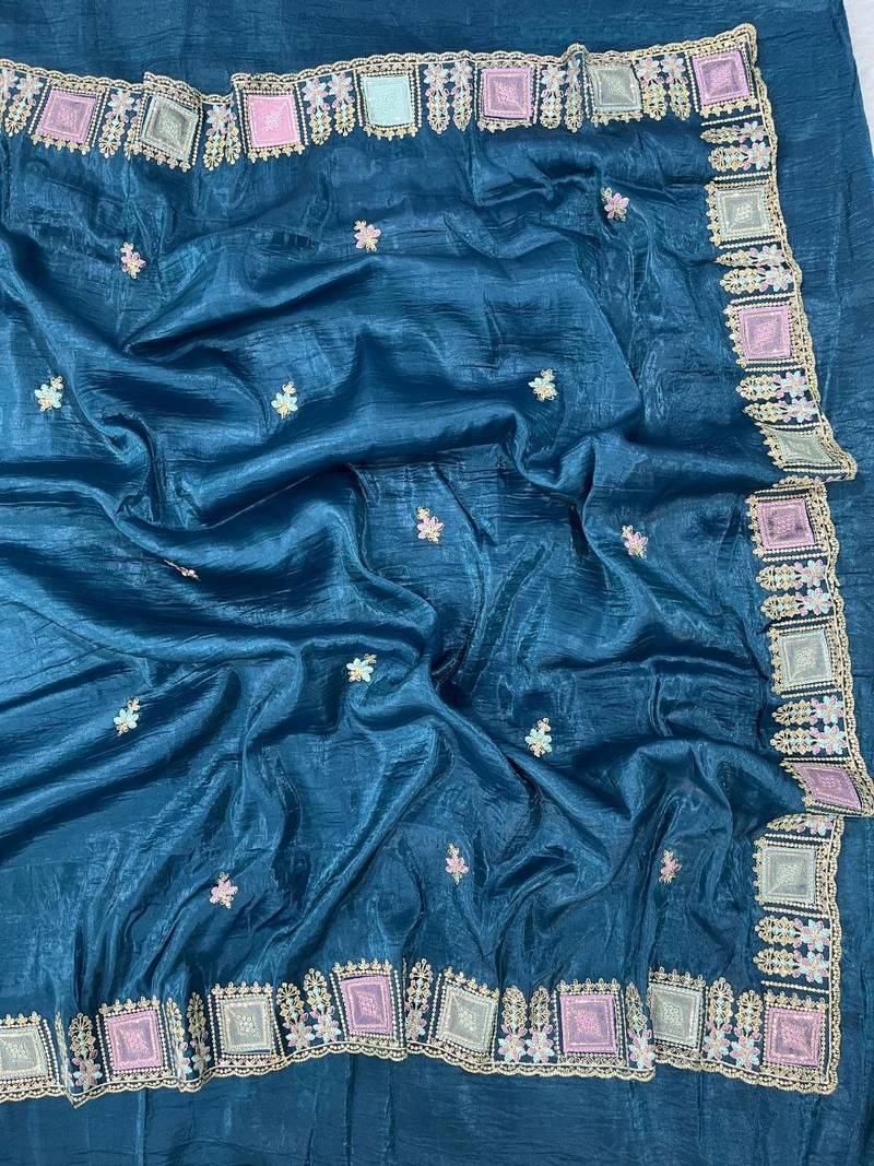 blue color Embroidery and Cuteork Border Work Silk Saree..