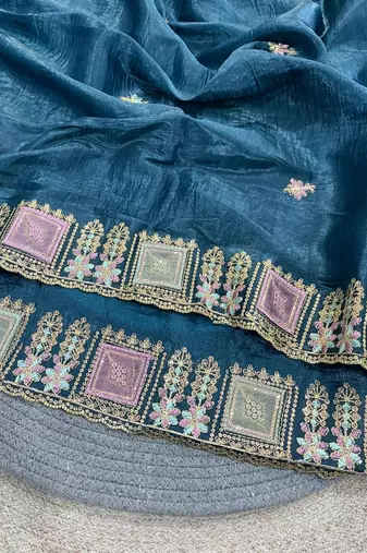 blue silk blend saree with thread embroidery work