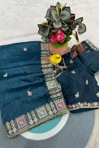 blue color Embroidery and Cuteork Border Work Silk Saree..