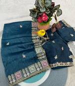 blue color Embroidery and Cuteork Border Work Silk Saree..