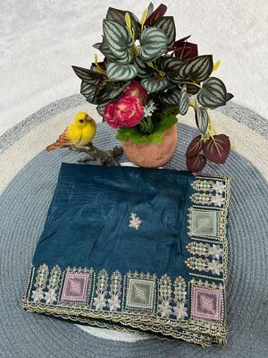 blue color Embroidery and Cuteork Border Work Silk Saree.. 4