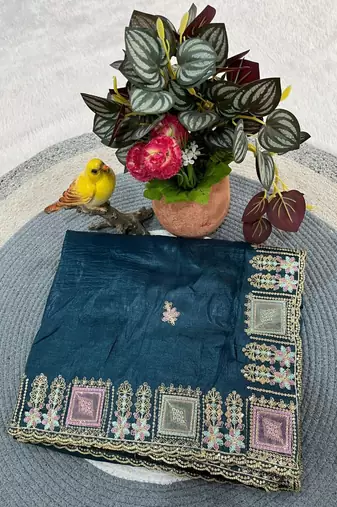 blue silk blend saree with thread embroidery work