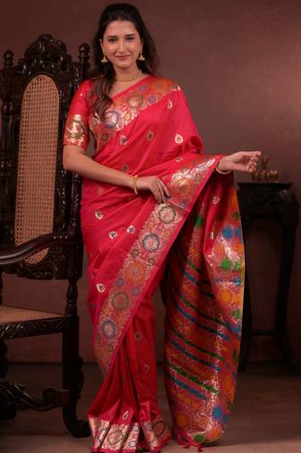 pink floral, zari woven faux kanjivaram saree with blouse