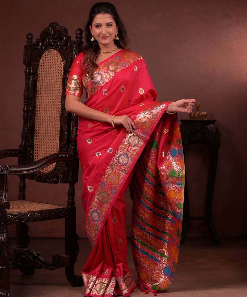 pink floral, zari woven faux kanjivaram saree with blouse