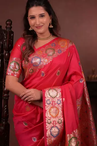 pink floral, zari woven faux kanjivaram saree with blouse